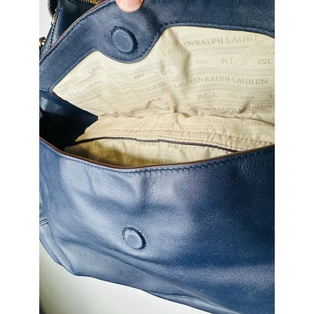 LAUREN RALPH LAUREN Navy Blue Front Pocket Leather Hobo Bag Purse - Picture 9 of 13